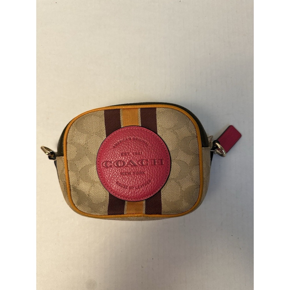 Coach Dempsey Camera Bag Signature Jacquard Varsity Stripe Pink Patch With Wear